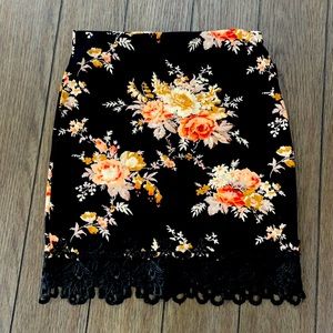 Black and Floral Mid Length Skirt with Lace Bottom